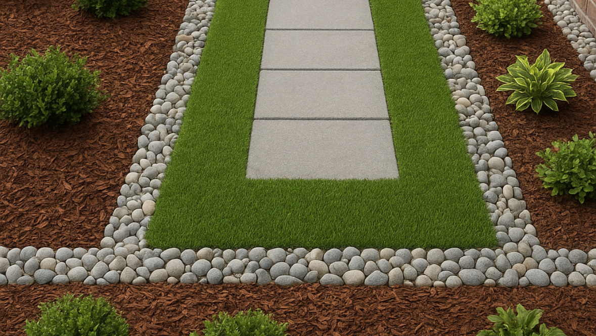 Fresh Buffalo turf with paved stepping-stone path and river-stone borders, landscaped by Total Landscape in Perth